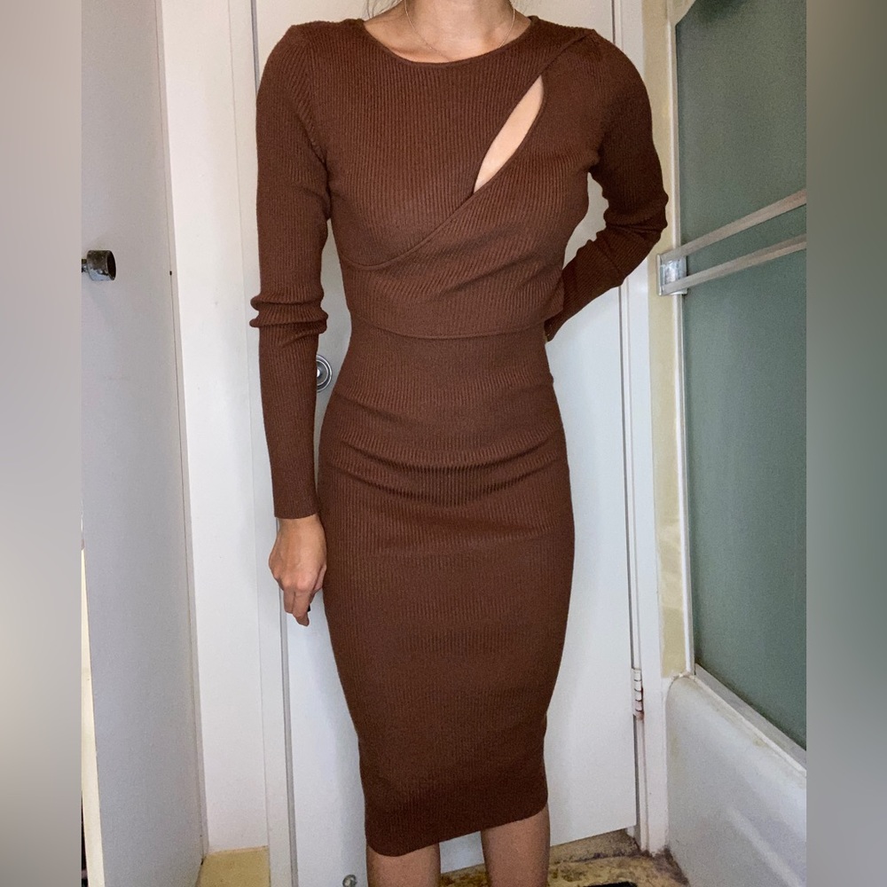 Ribbed Bodycon Midi Dress Brown